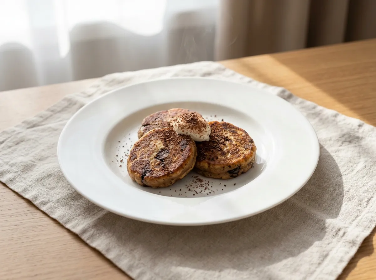 Кофейные сырники с кусочками тёмного шоколада, маскарпоне и какао на белой тарелке
