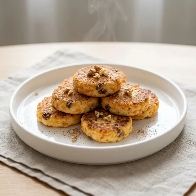 Румяные сырники с тёртой морковью и изюмом, посыпанные корицей и грецкими орехами, горкой на белой тарелке