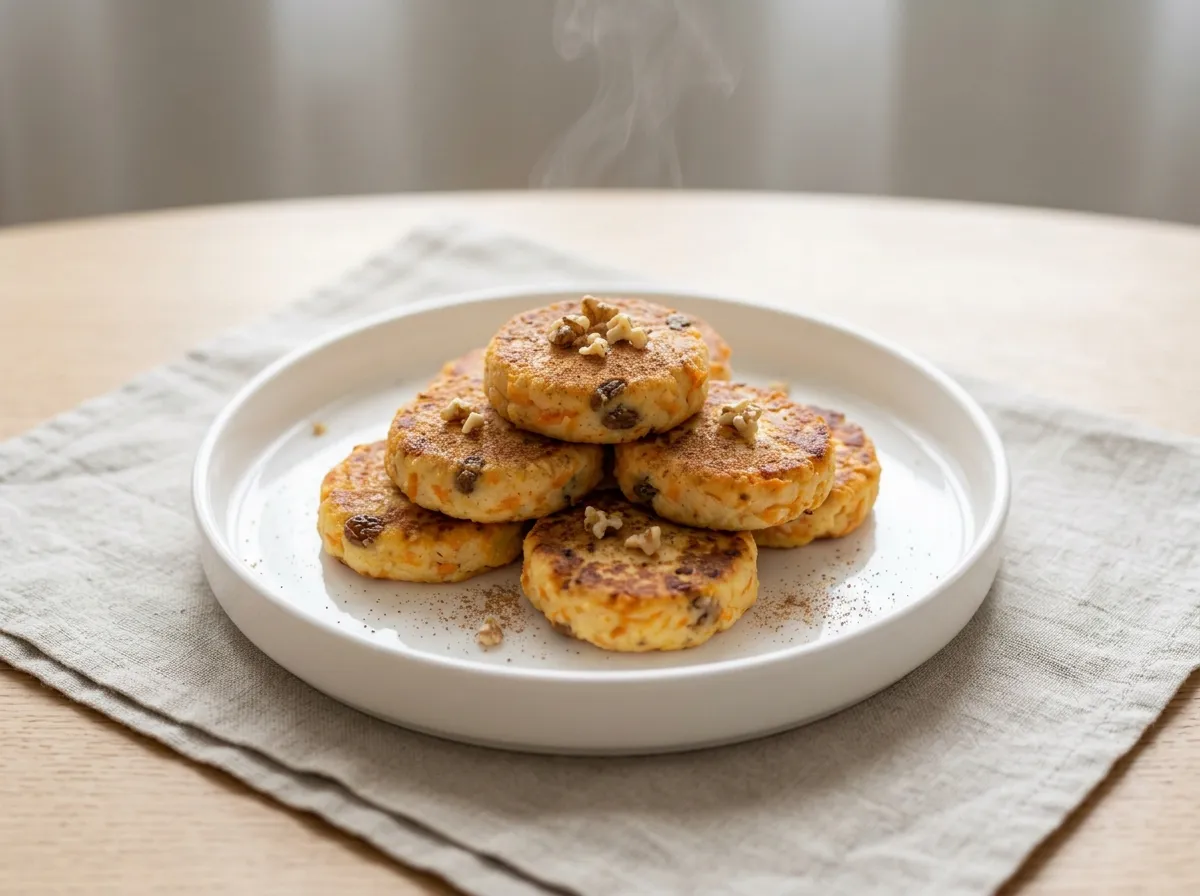 Румяные сырники с тёртой морковью и изюмом, посыпанные корицей и грецкими орехами, горкой на белой тарелке