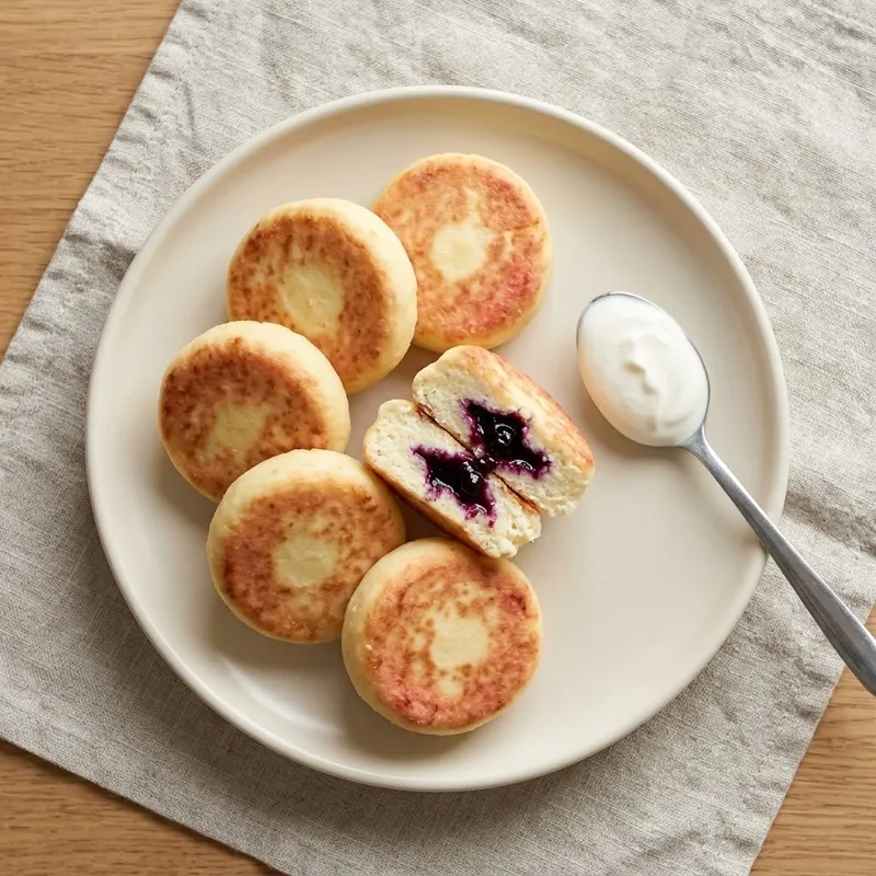 Запечённые сырники со смородиновой начинкой и сметаной