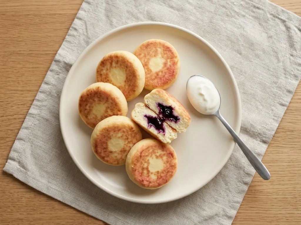 Запечённые сырники со смородиновой начинкой и сметаной