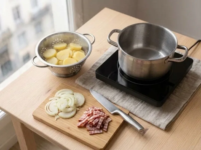 Нарежьте лук и бекон