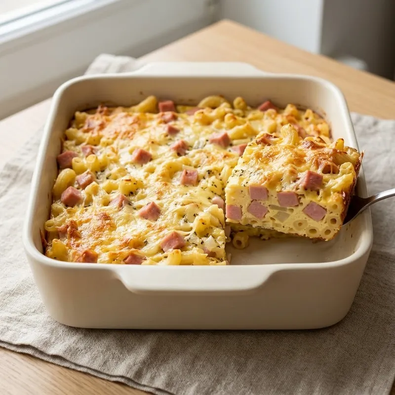 Запеканка из макарон с колбасой под румяной сырной корочкой в керамической форме