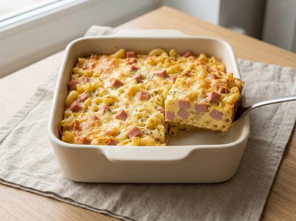 Запеканка из макарон с колбасой под румяной сырной корочкой в керамической форме