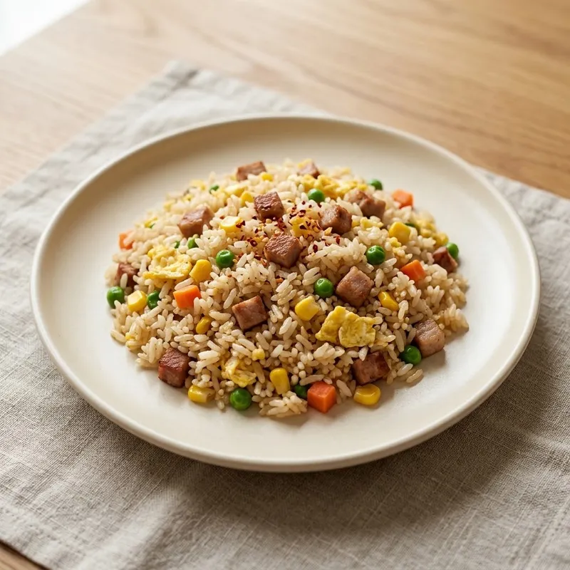 Жареный рис со свининой, яйцом, горошком и кукурузой на светлой тарелке