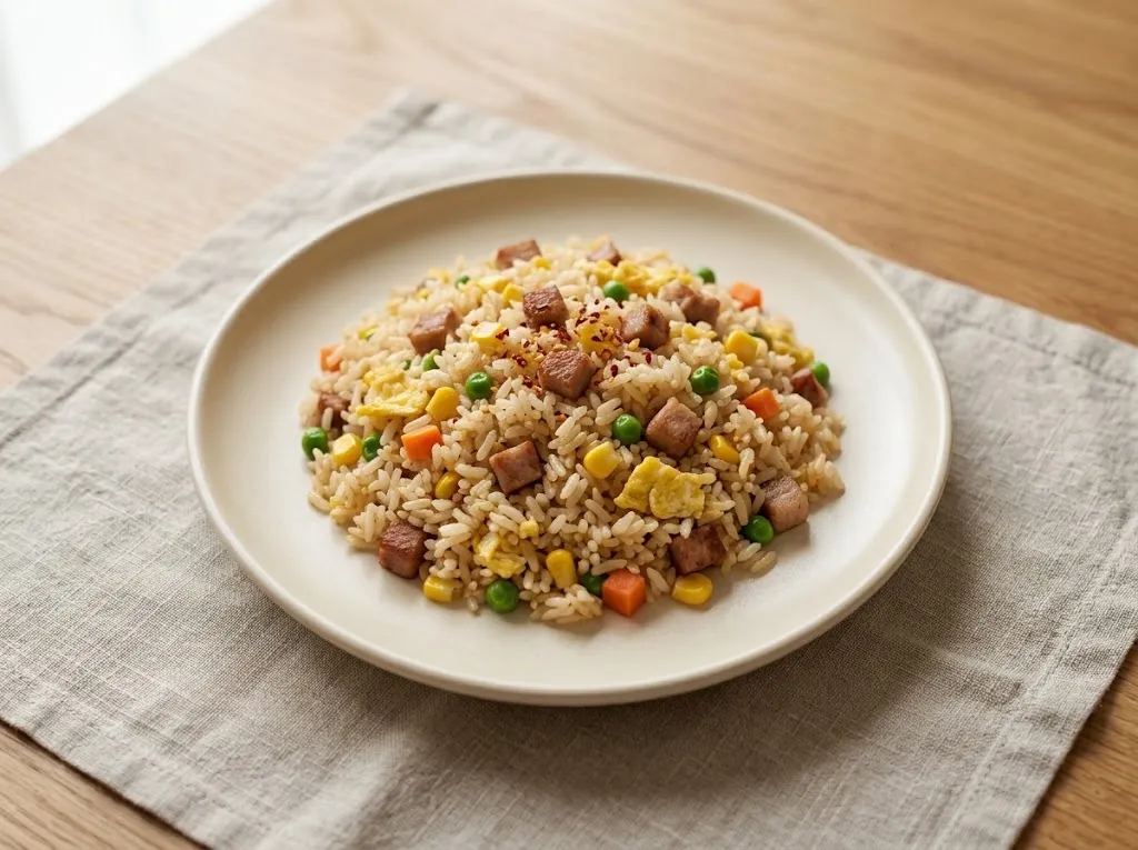 Жареный рис со свининой, яйцом, горошком и кукурузой на светлой тарелке